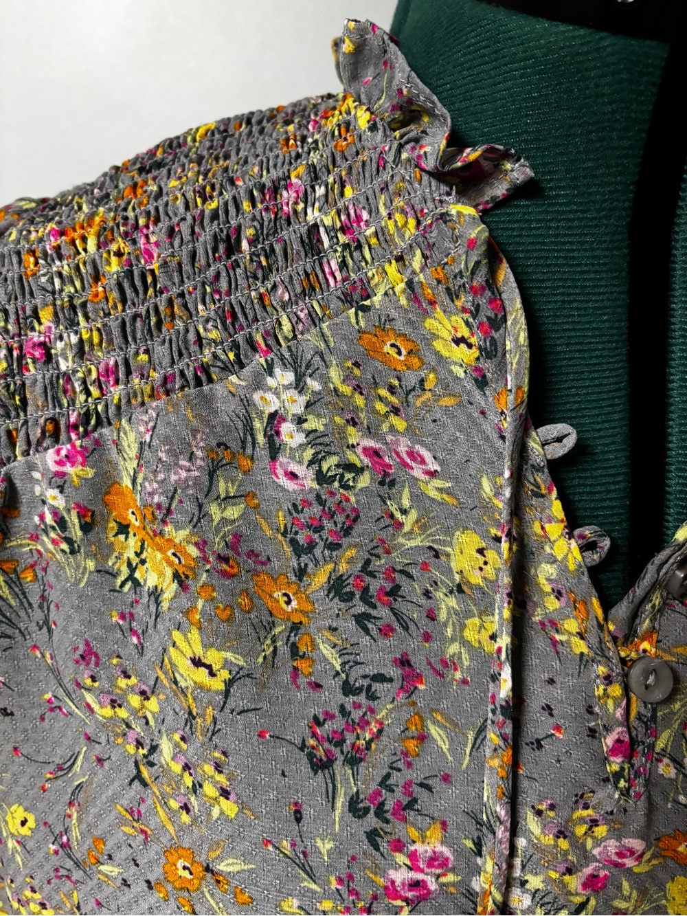 Smocked Yoke Floral Blouse - Gray with Yellow & Pink Flowers - Picture 3 of 8